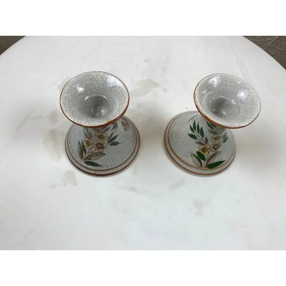 Beautiful Crackle Yellow Flowers Candle Stick Holder‎ - Made in Japan